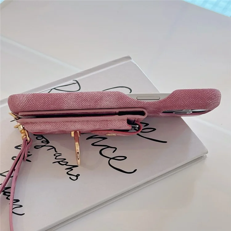 Coque iPhone 16 Pro avec anneau de maintien, support, porte-cartes, texture en tissu jean, cuir PU, avec dragonne - Rose