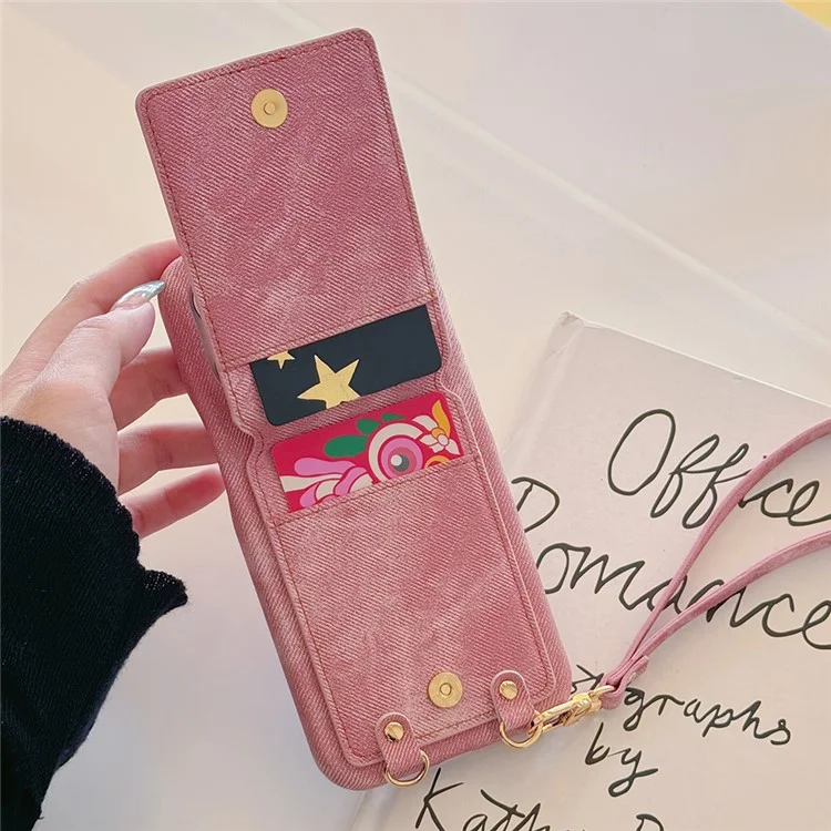 Coque iPhone 16 Pro avec anneau de maintien, support, porte-cartes, texture en tissu jean, cuir PU, avec dragonne - Rose