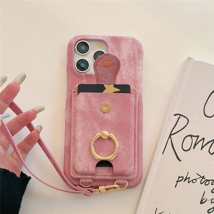 Coque iPhone 16 Pro avec anneau de maintien, support, porte-cartes, texture en tissu jean, cuir PU, avec dragonne - Rose
