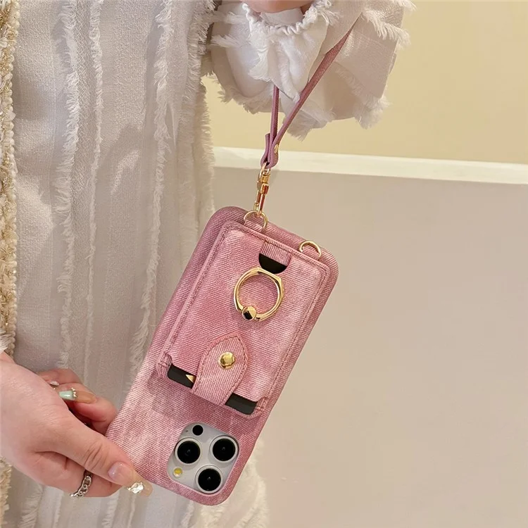 Coque iPhone 16 Pro avec anneau de maintien, support, porte-cartes, texture en tissu jean, cuir PU, avec dragonne - Rose