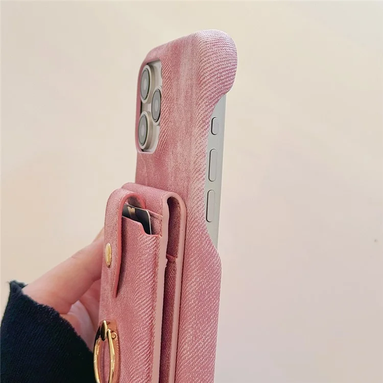 Coque iPhone 16 Pro avec anneau de maintien, support, porte-cartes, texture en tissu jean, cuir PU, avec dragonne - Rose