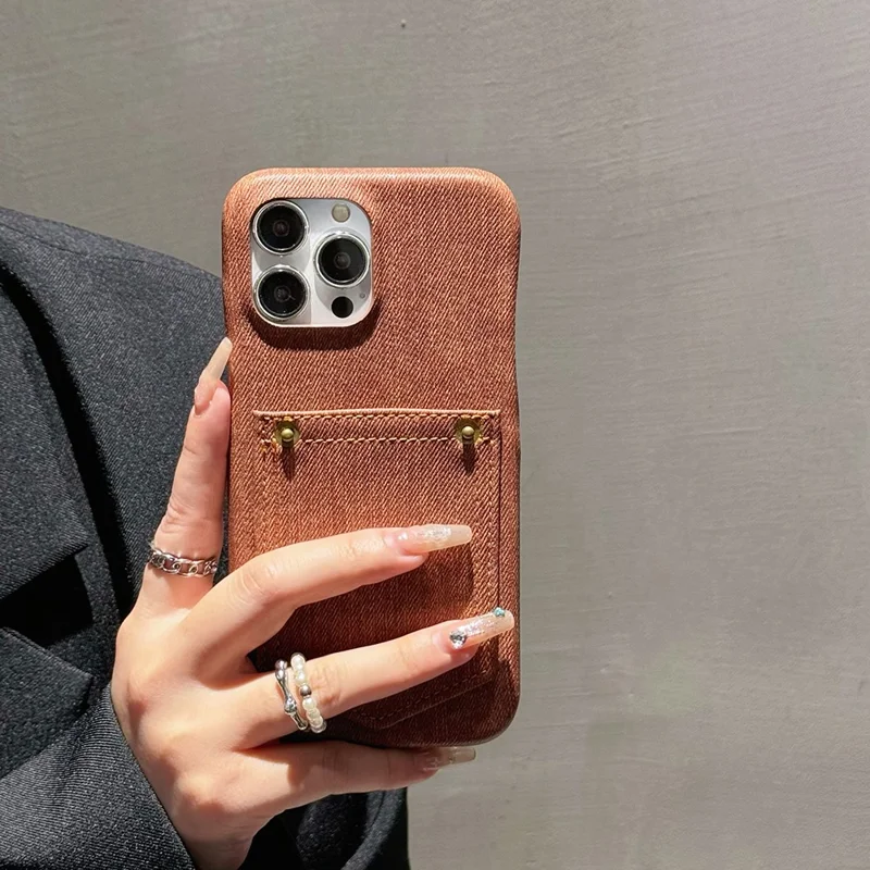 For iPhone 14 Pro Max Case Card Holder Jeans Cloth Texture PU Leather Back Cover - Dark Brown
