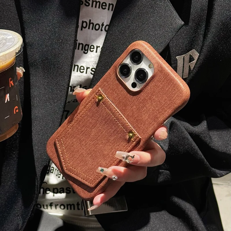 For iPhone 14 Pro Max Case Card Holder Jeans Cloth Texture PU Leather Back Cover - Dark Brown