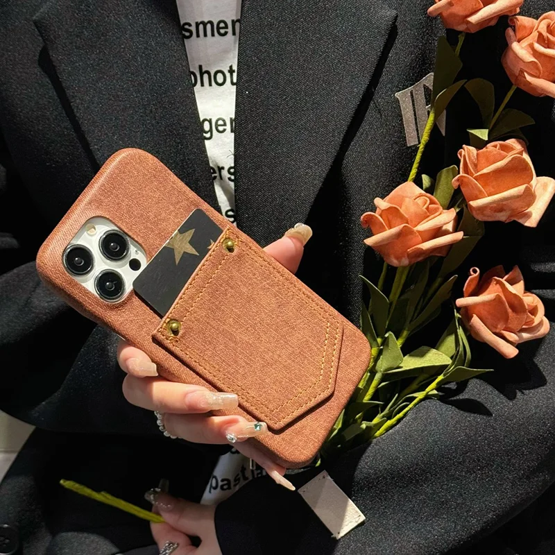 For iPhone 14 Pro Max Case Card Holder Jeans Cloth Texture PU Leather Back Cover - Dark Brown