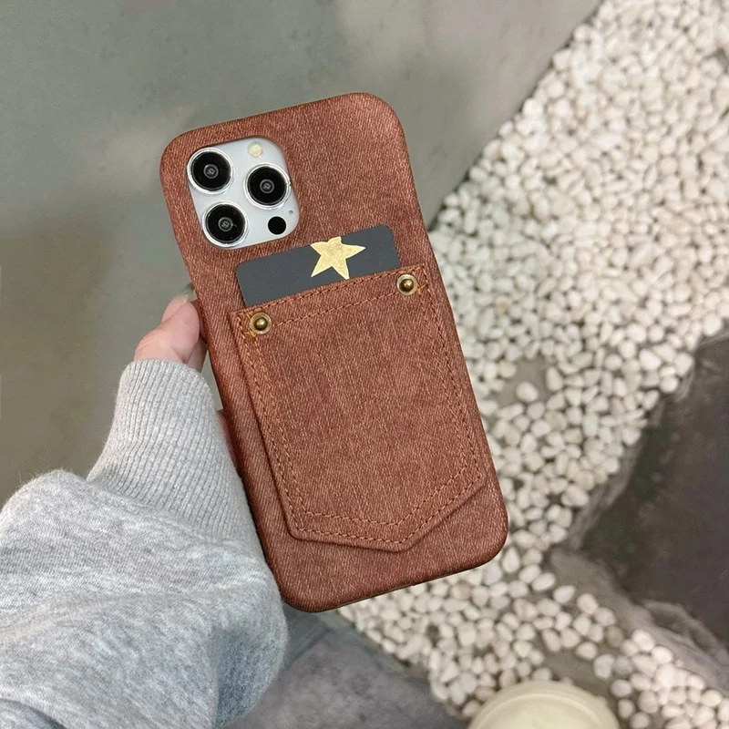 For iPhone 14 Pro Max Case Card Holder Jeans Cloth Texture PU Leather Back Cover - Dark Brown