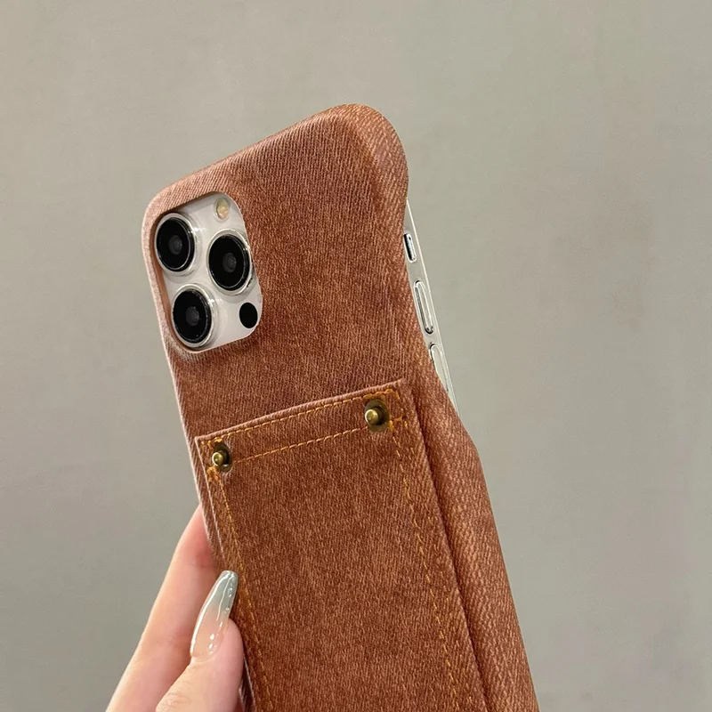 For iPhone 14 Pro Max Case Card Holder Jeans Cloth Texture PU Leather Back Cover - Dark Brown