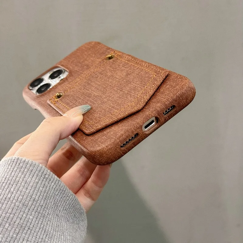 For iPhone 14 Pro Max Case Card Holder Jeans Cloth Texture PU Leather Back Cover - Dark Brown