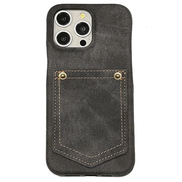 Funda para iPhone 15 Pro Max con soporte para tarjetas, textura de tela vaquera y cuero PU en la parte posterior - Negro