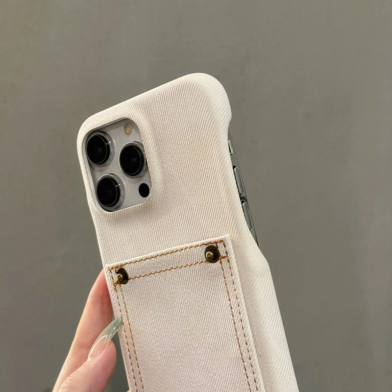 For iPhone 15 Pro Max Case Card Holder Jeans Cloth Texture PU Leather Back Cover - White