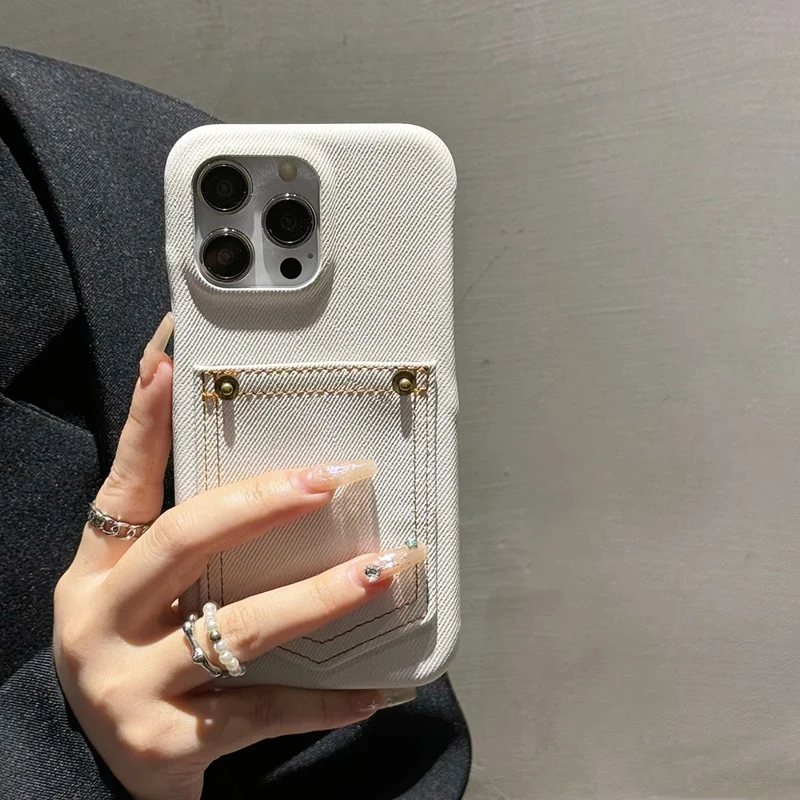 For iPhone 15 Pro Case Card Holder Jeans Cloth Texture PU Leather Back Cover - White