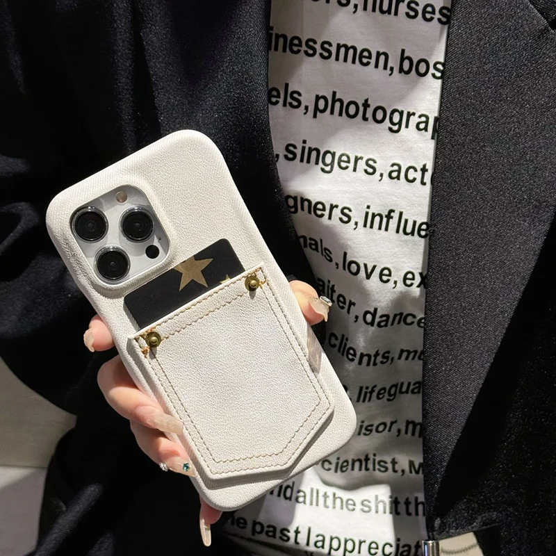 For iPhone 15 Pro Case Card Holder Jeans Cloth Texture PU Leather Back Cover - White