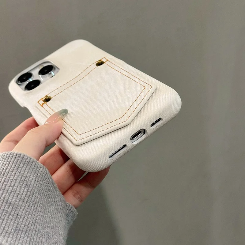 For iPhone 15 Pro Case Card Holder Jeans Cloth Texture PU Leather Back Cover - White
