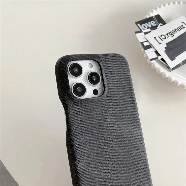 Custodia per iPhone 14 Pro Max in tela jeans con texture in pelle PU + copertura posteriore in PET - Nero