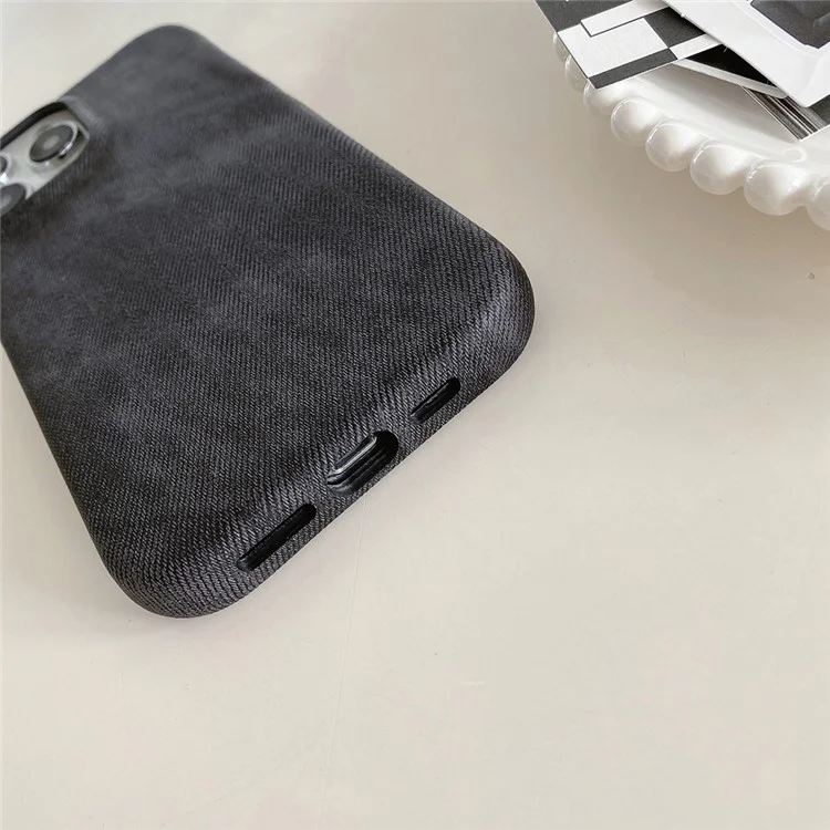 Custodia per iPhone 14 Pro Max in tela jeans con texture in pelle PU + copertura posteriore in PET - Nero