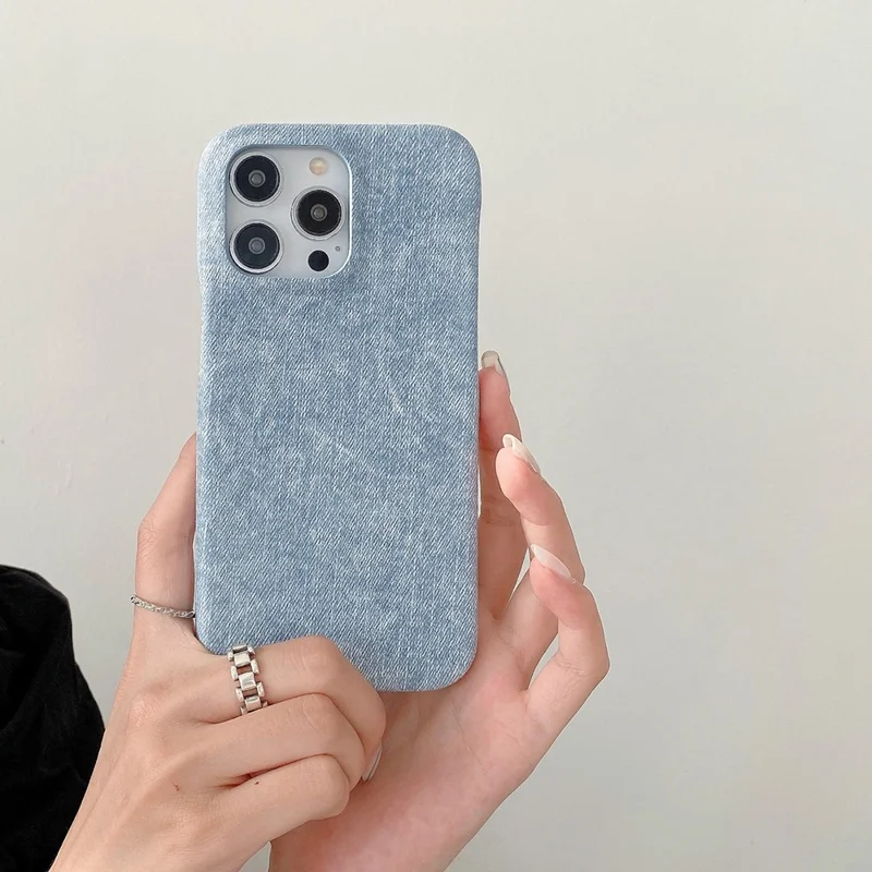 For iPhone 14 Pro Max Case Jeans Cloth Texture PU Leather + PET Back Cover - Baby Blue