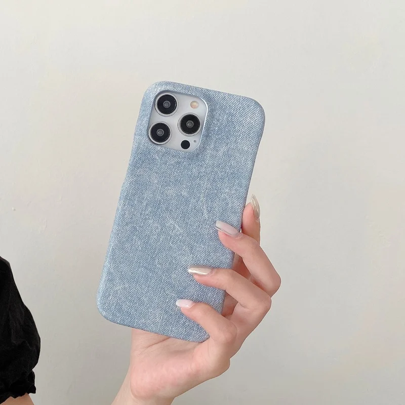 For iPhone 14 Pro Max Case Jeans Cloth Texture PU Leather + PET Back Cover - Baby Blue