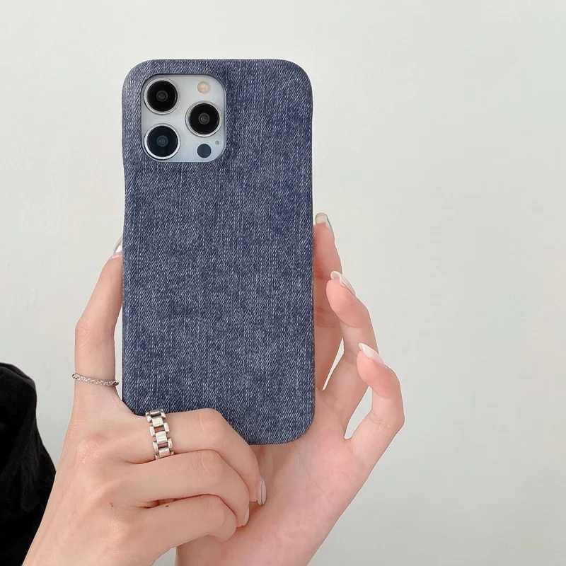 For iPhone 14 Pro Case Jeans Cloth Texture PU Leather + PET Back Cover - Dark Blue