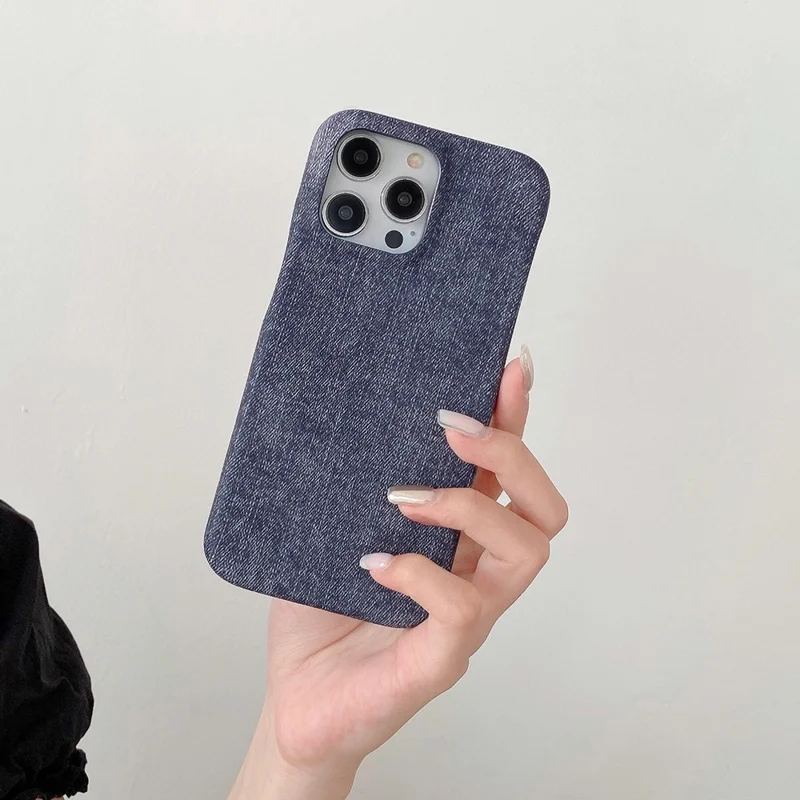 For iPhone 14 Pro Case Jeans Cloth Texture PU Leather + PET Back Cover - Dark Blue