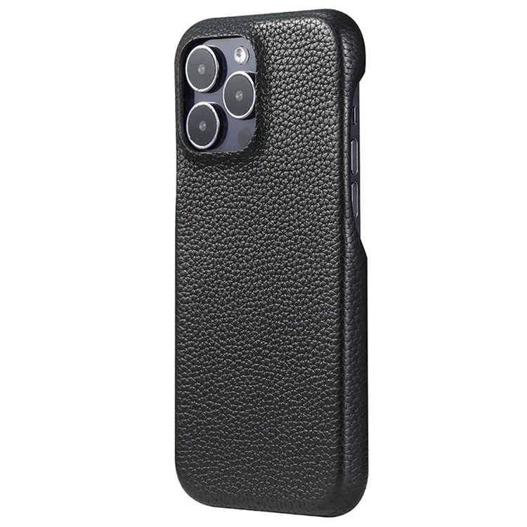 Funda para iPhone 15 Pro Max con textura de litchi, de cuero PU y tapa trasera de PET - Negro