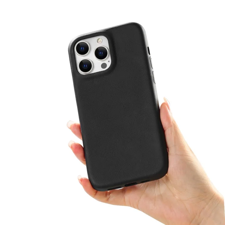Funda para iPhone 14 Pro Max con textura de piel de cordero y cubierta de teléfono de piel de poliuretano (PU) + PET - Negro