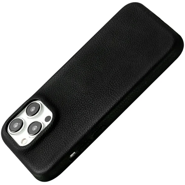 Funda de teléfono para iPhone 14 Pro con textura de piel de litchi recubierta de PET - Negro