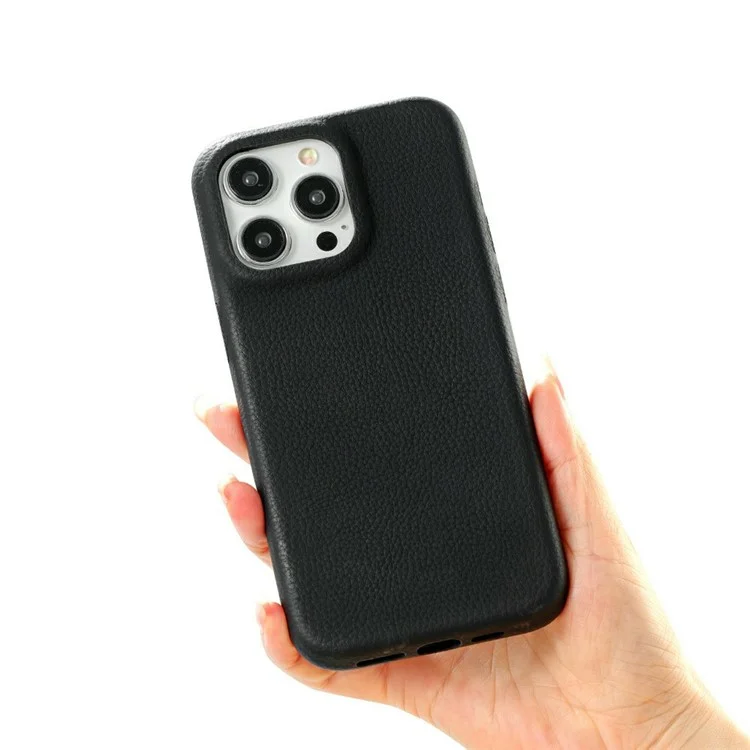 Funda de teléfono para iPhone 14 Pro con textura de piel de litchi recubierta de PET - Negro