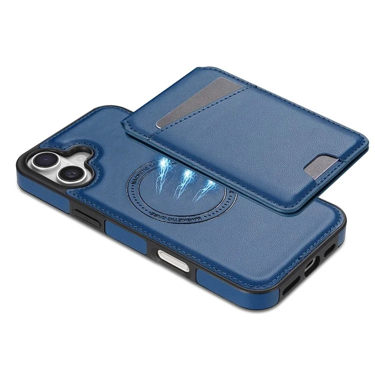 Чехол для iPhone 16 совместимый с MagSafe, съёмный держатель для карт, подставка, кожаная задняя крышка - синий