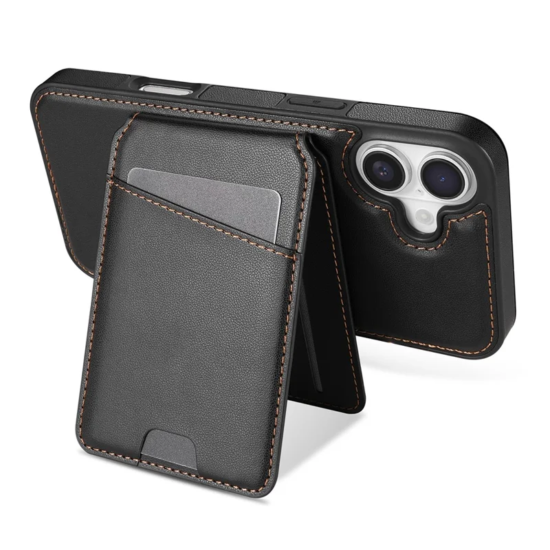 Custodia per iPhone 16 Plus compatibile con MagSafe, porta-carte staccabile, supporto e cover posteriore in pelle - Nero