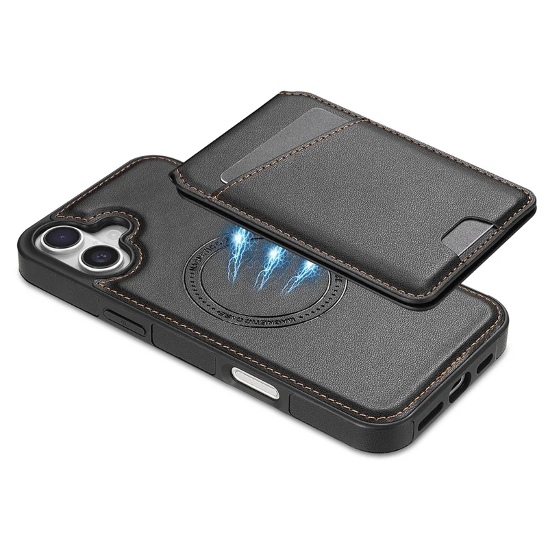 Custodia per iPhone 16 Plus compatibile con MagSafe, porta-carte staccabile, supporto e cover posteriore in pelle - Nero