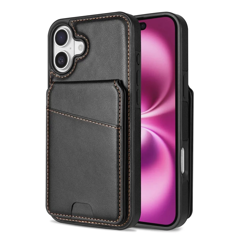 Custodia per iPhone 16 Plus compatibile con MagSafe, porta-carte staccabile, supporto e cover posteriore in pelle - Nero