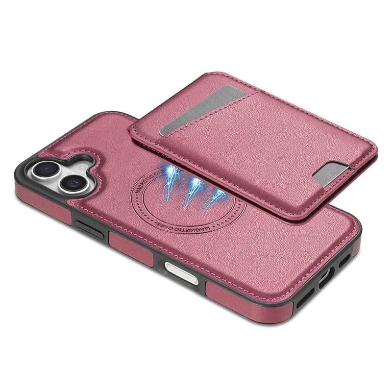For iPhone 16 Plus Case Compatible with MagSafe Detachable Card Holder Kickstand Leather Phone Back Cover - Red
