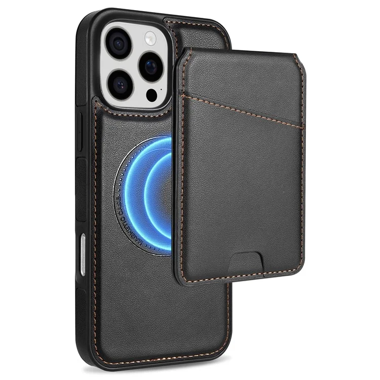 Für iPhone 16 Pro Max Hülle kompatibel mit MagSafe, abnehmbarem Kartenfach, Ständer, Leder-Handy-Rückseite - Schwarz