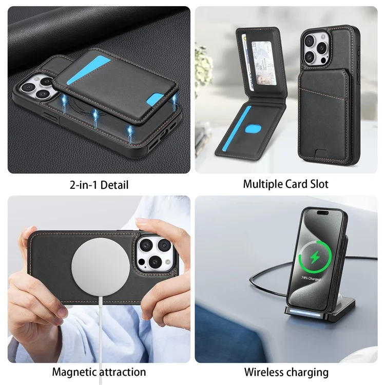 Für iPhone 16 Pro Max Hülle kompatibel mit MagSafe, abnehmbarem Kartenfach, Ständer, Leder-Handy-Rückseite - Schwarz