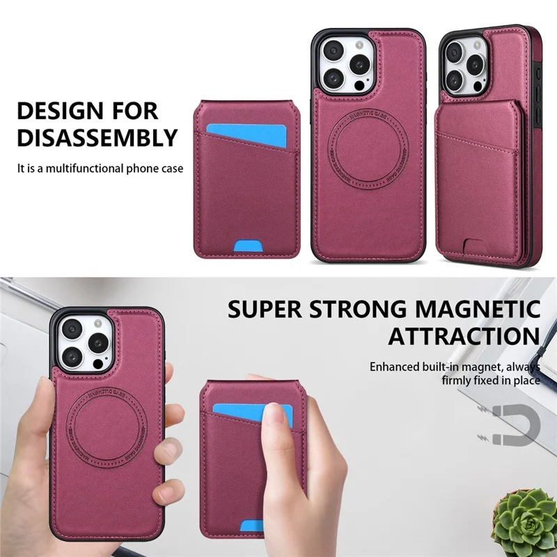 For iPhone 16 Pro Max Case Compatible with MagSafe Detachable Card Holder Kickstand Leather Phone Back Cover - Red
