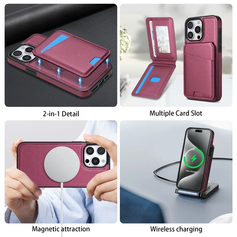 For iPhone 16 Pro Max Case Compatible with MagSafe Detachable Card Holder Kickstand Leather Phone Back Cover - Red