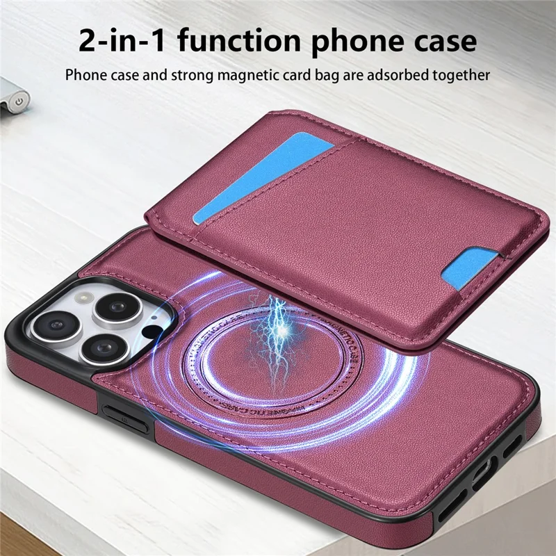 For iPhone 16 Pro Max Case Compatible with MagSafe Detachable Card Holder Kickstand Leather Phone Back Cover - Red