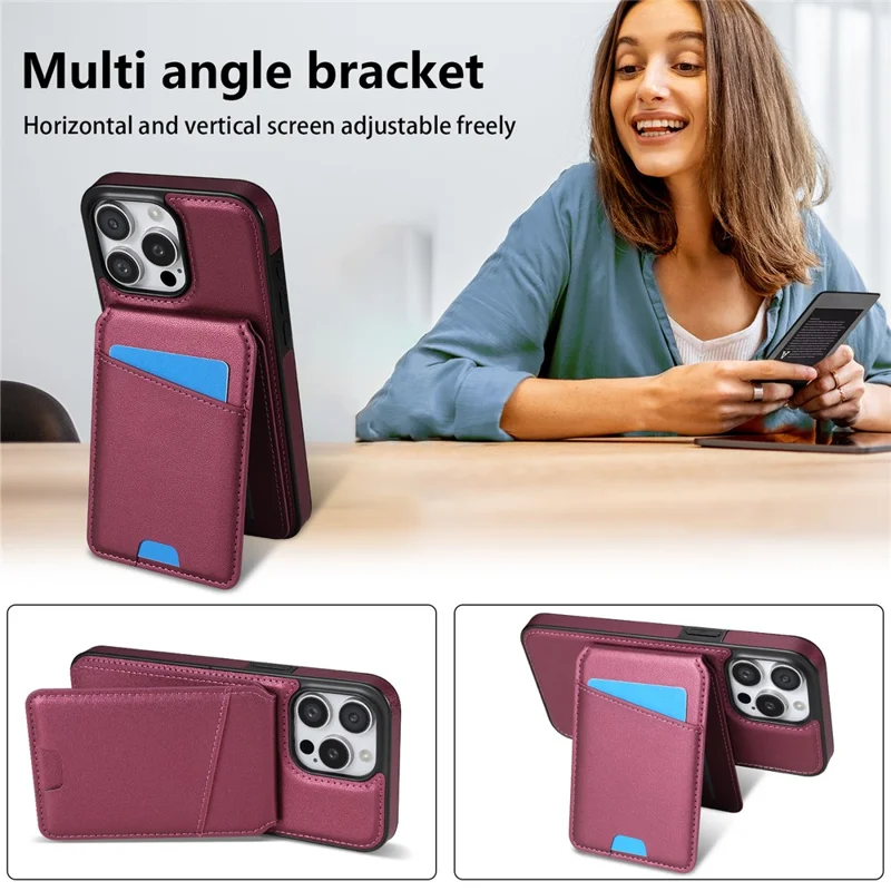 For iPhone 16 Pro Max Case Compatible with MagSafe Detachable Card Holder Kickstand Leather Phone Back Cover - Red
