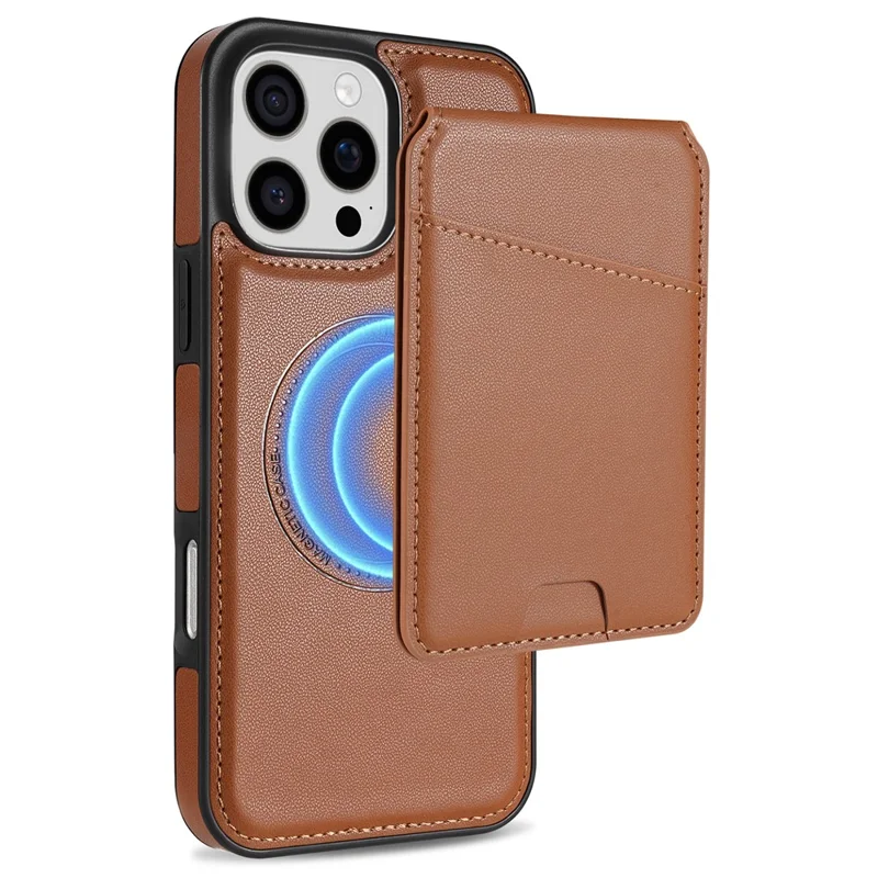For iPhone 16 Pro Max Case Compatible with MagSafe Detachable Card Holder Kickstand Leather Phone Back Cover - Brown