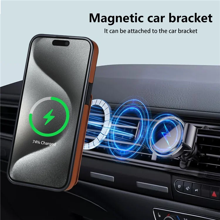 Custodia per iPhone 15 Pro compatibile con MagSafe, portacarte staccabile, supporto e copertura posteriore in pelle - Marrone