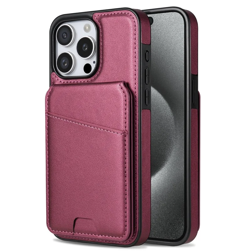 For iPhone 15 Pro Case Compatible with MagSafe Detachable Card Holder Kickstand Leather Phone Back Cover - Red