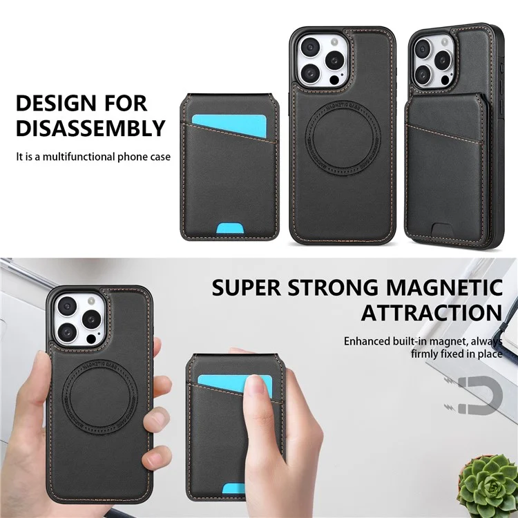 Funda para iPhone 15 Pro Max compatible con MagSafe, con soporte para tarjetas desmontable y soporte, cubierta trasera de piel - Negro