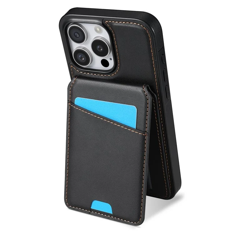 Funda para iPhone 15 Pro Max compatible con MagSafe, con soporte para tarjetas desmontable y soporte, cubierta trasera de piel - Negro