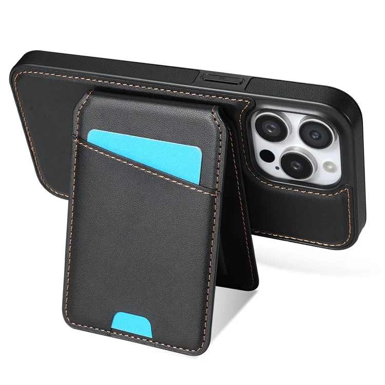 Funda para iPhone 15 Pro Max compatible con MagSafe, con soporte para tarjetas desmontable y soporte, cubierta trasera de piel - Negro