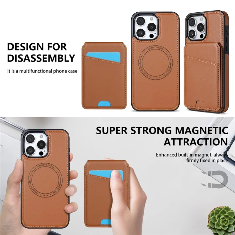 For iPhone 15 Pro Max Case Compatible with MagSafe Detachable Card Holder Kickstand Leather Phone Back Cover - Brown