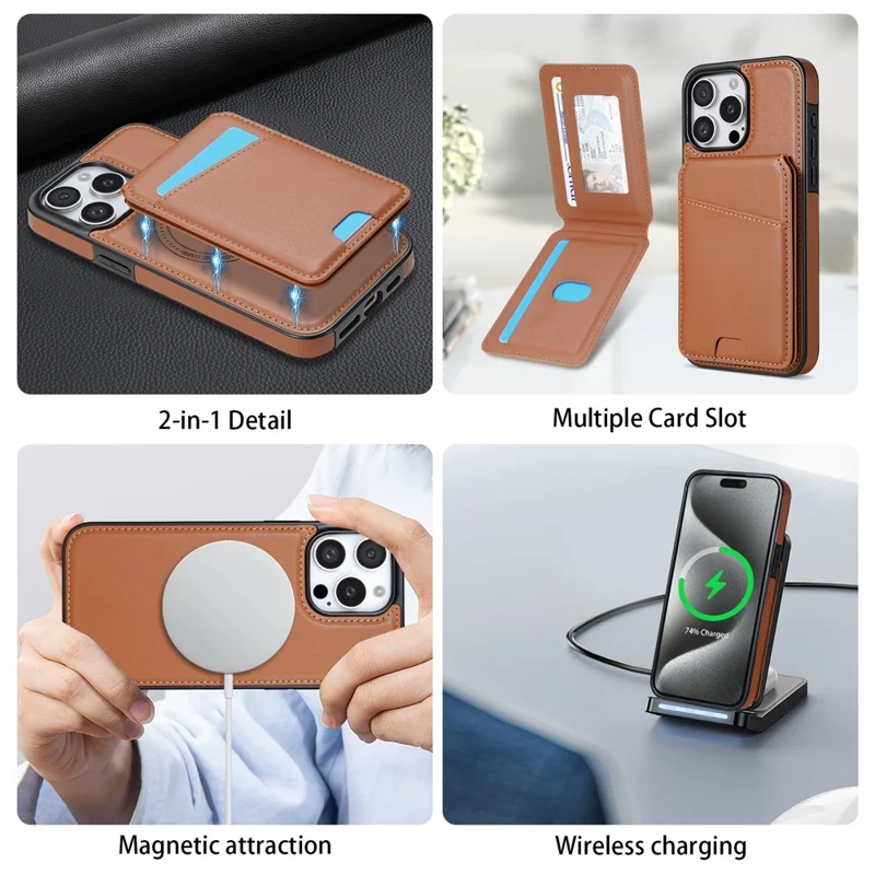 For iPhone 15 Pro Max Case Compatible with MagSafe Detachable Card Holder Kickstand Leather Phone Back Cover - Brown