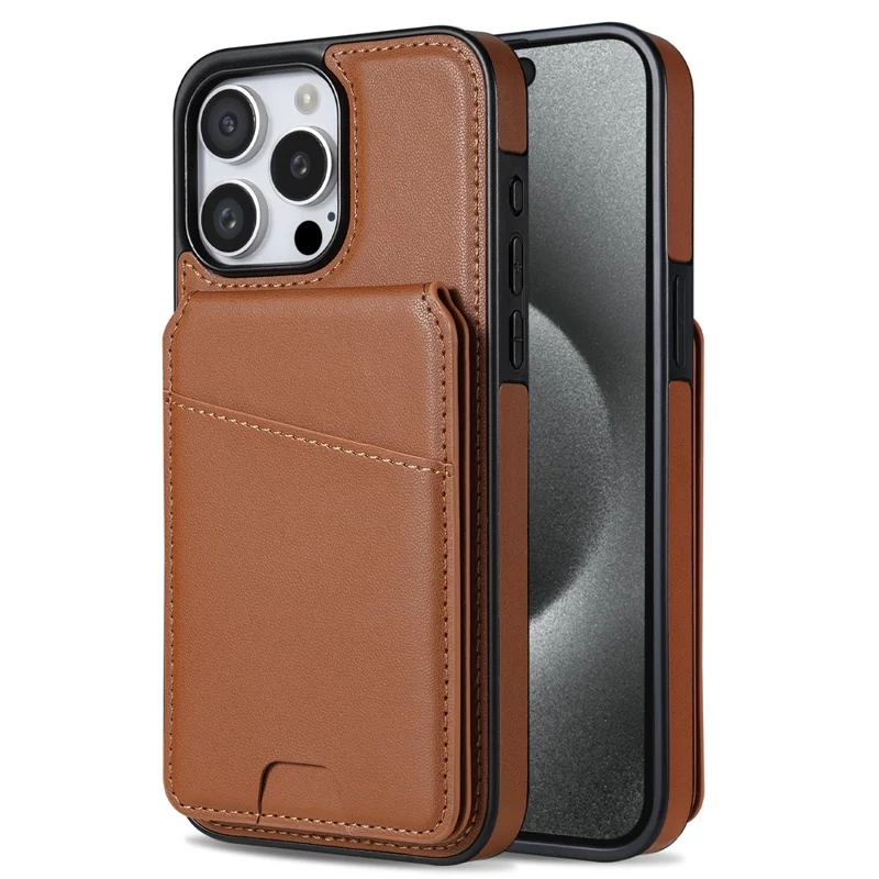For iPhone 15 Pro Max Case Compatible with MagSafe Detachable Card Holder Kickstand Leather Phone Back Cover - Brown