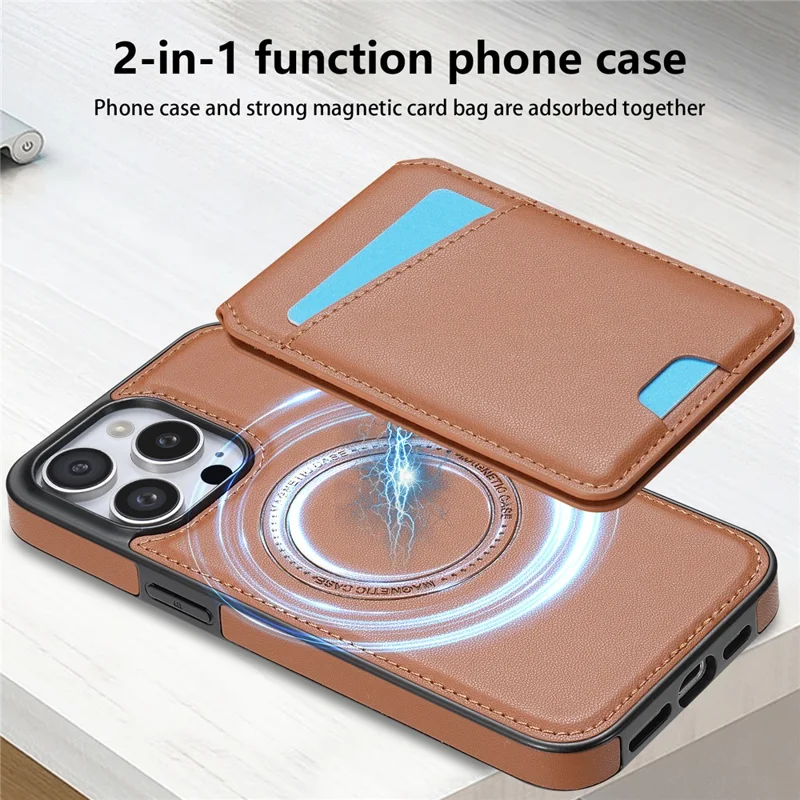 For iPhone 15 Pro Max Case Compatible with MagSafe Detachable Card Holder Kickstand Leather Phone Back Cover - Brown