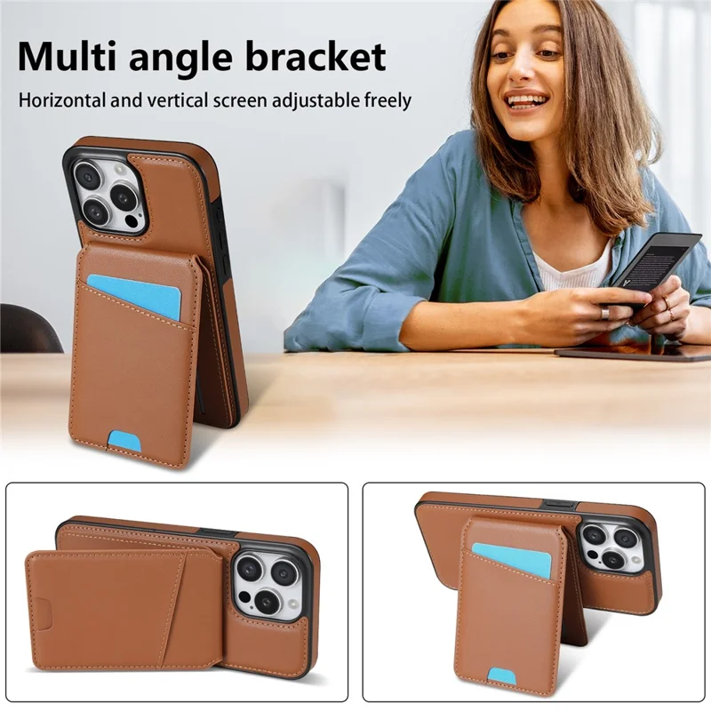 For iPhone 15 Pro Max Case Compatible with MagSafe Detachable Card Holder Kickstand Leather Phone Back Cover - Brown