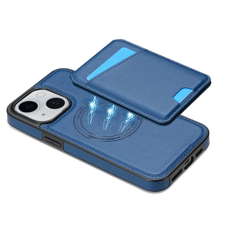 Hülle für iPhone 14 kompatibel mit MagSafe, abnehmbarem Kartenfach, Ständer, Leder-Rückseite - Blau