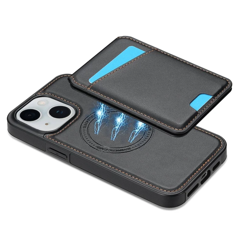 For iPhone 14 Case Compatible with MagSafe Detachable Card Holder Kickstand Leather Phone Back Cover - Black